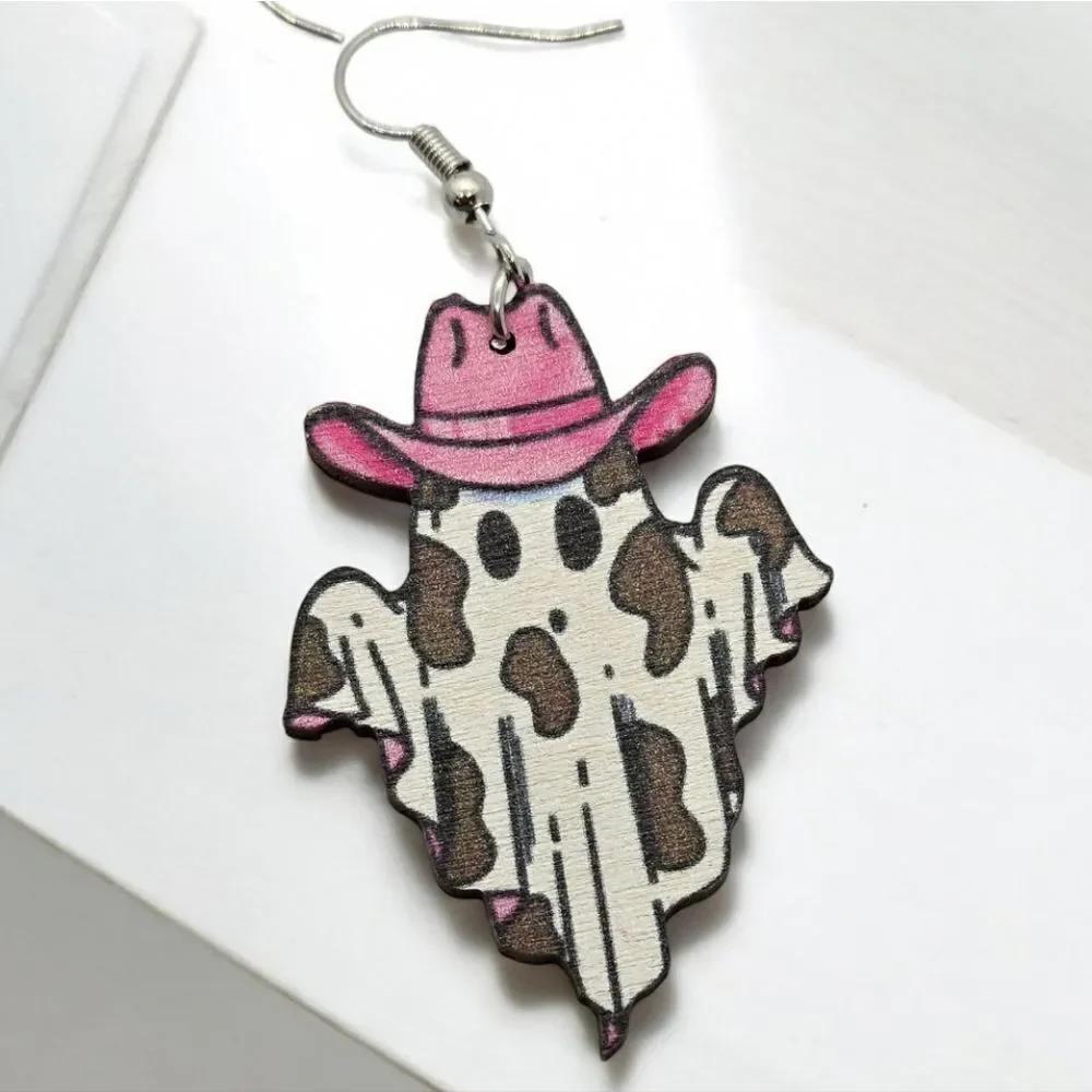 Cowboy Ghost Earrings Cute Spooky Halloween Jewelry Wooden Dangle Gothic Western